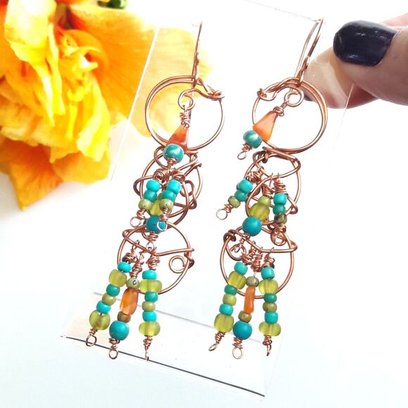 artisan earrings 624#mfs Tribal Fringe of tiny Carnelian triangles and blue gree - Picture 1 of 4